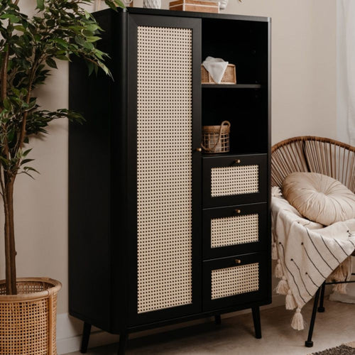 Anrichte 180x141h cm mit 3 Schubladen und Türen in Bastoptik, schwarz - KUTA53