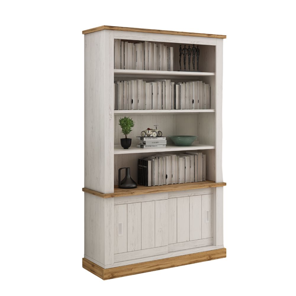 Credenza con 3 ripiani e 2 ante scorrevoli colore pino bianco e rovere 121,1x196H cm -  Anthony III