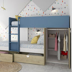 Letto a castello Gilbo per due bambini con armadio e cassetti colore rovere e azzurro