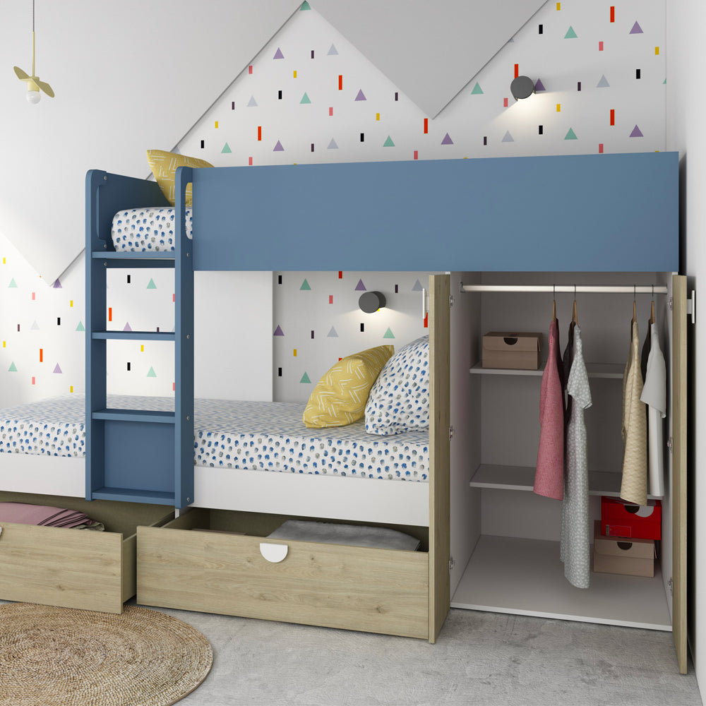 Letto a castello Gilbo per due bambini con armadio e cassetti colore rovere e azzurro