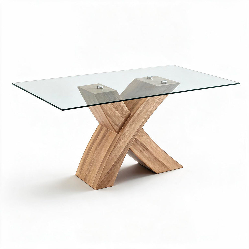 Tavolo fisso con piano in vetro e gambe incrociate effetto legno 150x90x76H Duncan