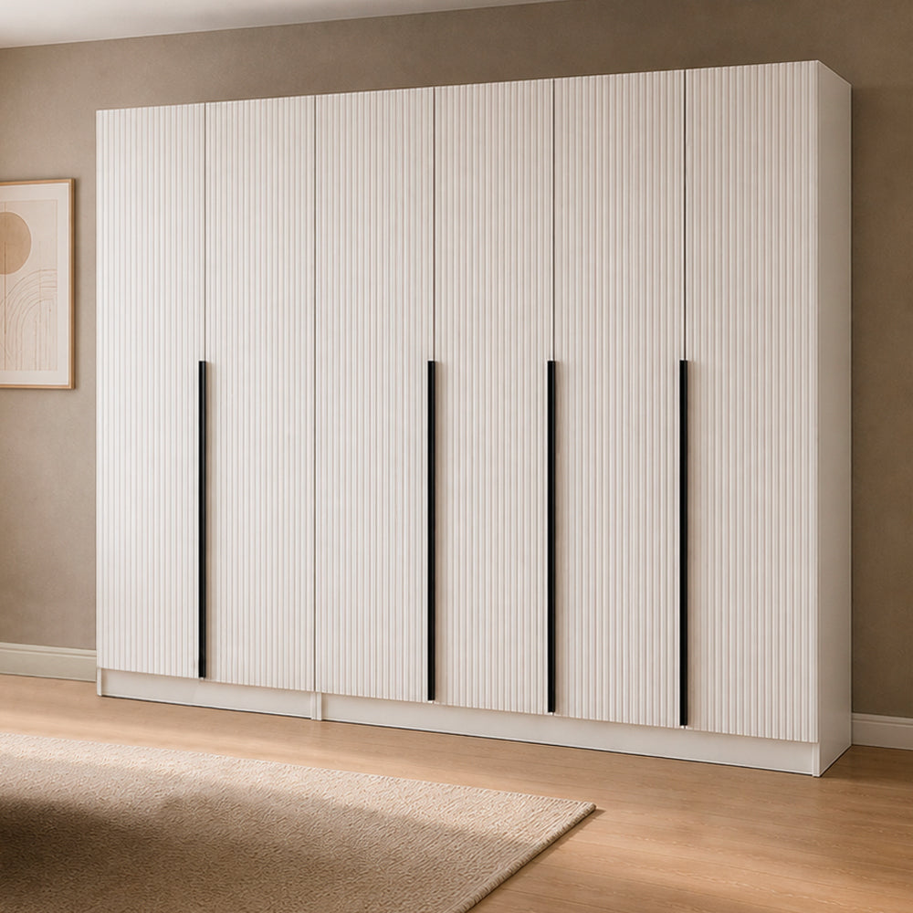 Armadio con 6 ante battenti colore bianco effetto cannettato 270x52x210H cm - Wilmy