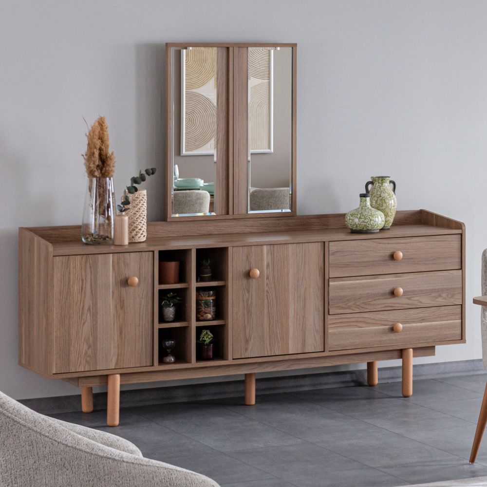 Madia 2 ante e 3 cassetti con vani a giorno colore rovere miele 206x85H cm - Dolce