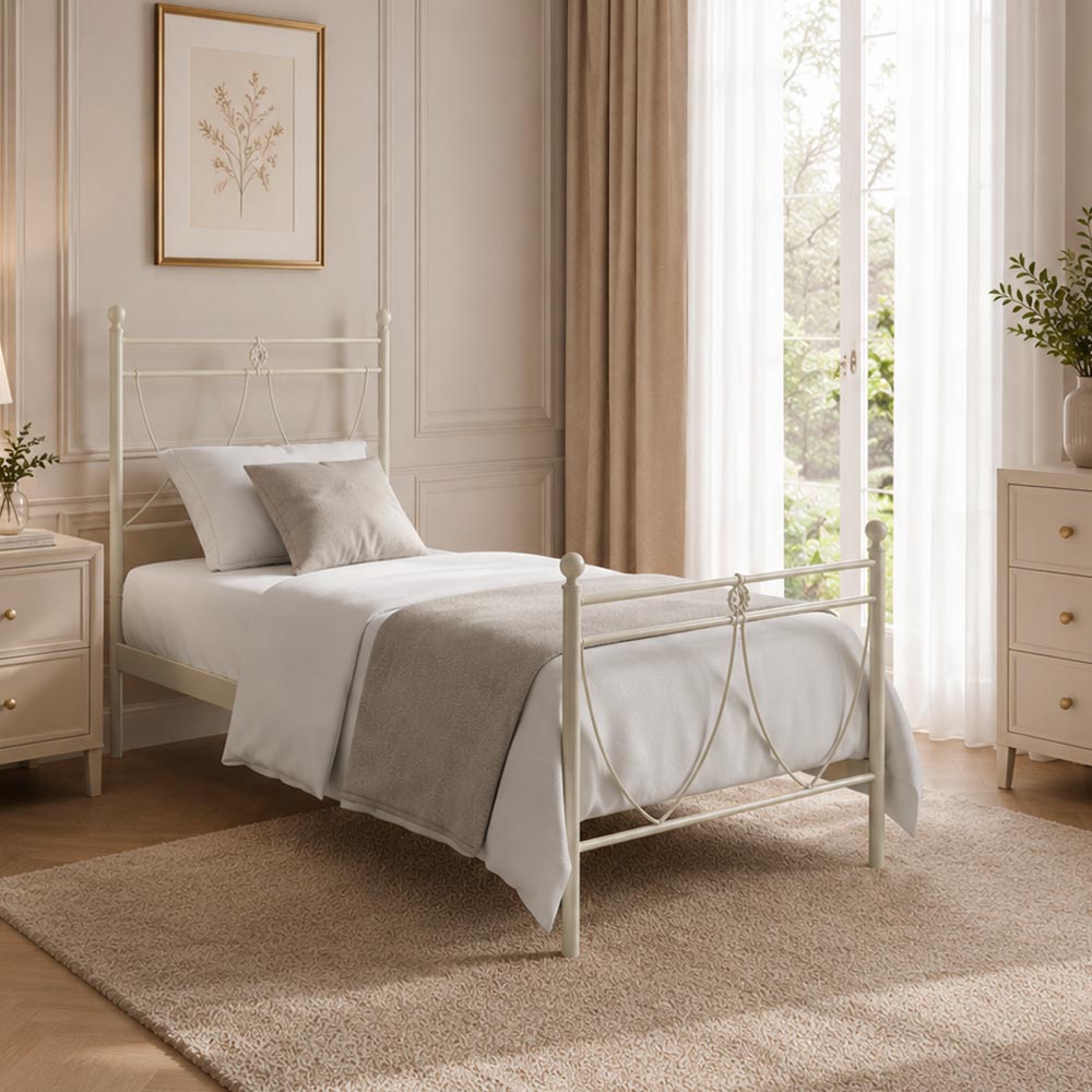 Letto singolo in ferro con decoro floreale bianco opaco 90x200 cm. Melissa