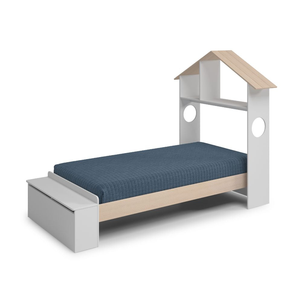 Letto singolo in legno con testiera a casetta e pediera contenitore colore bianco - Odessa