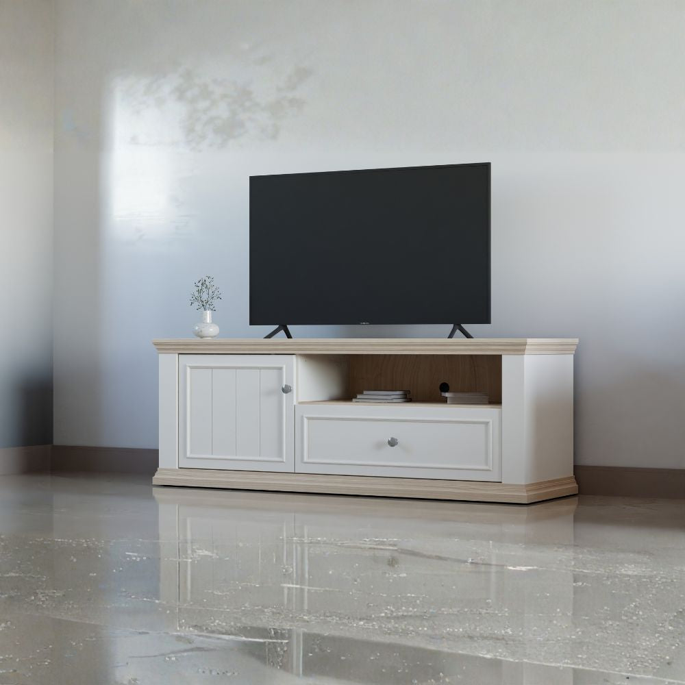 Porta Tv con anta, cassetto e vano a giorno 150 cm colore bianco e rovere Essenza