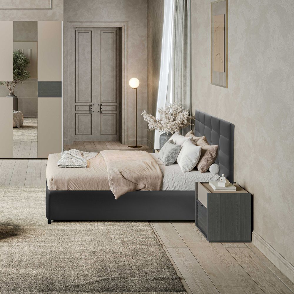 Chambre complète avec armoire coulissante avec miroirs et lit coffre couleur gris et talc - Sonia