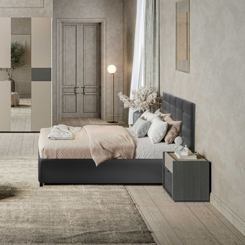 Chambre complète avec armoire coulissante avec miroirs et lit coffre couleur gris et talc - Sonia