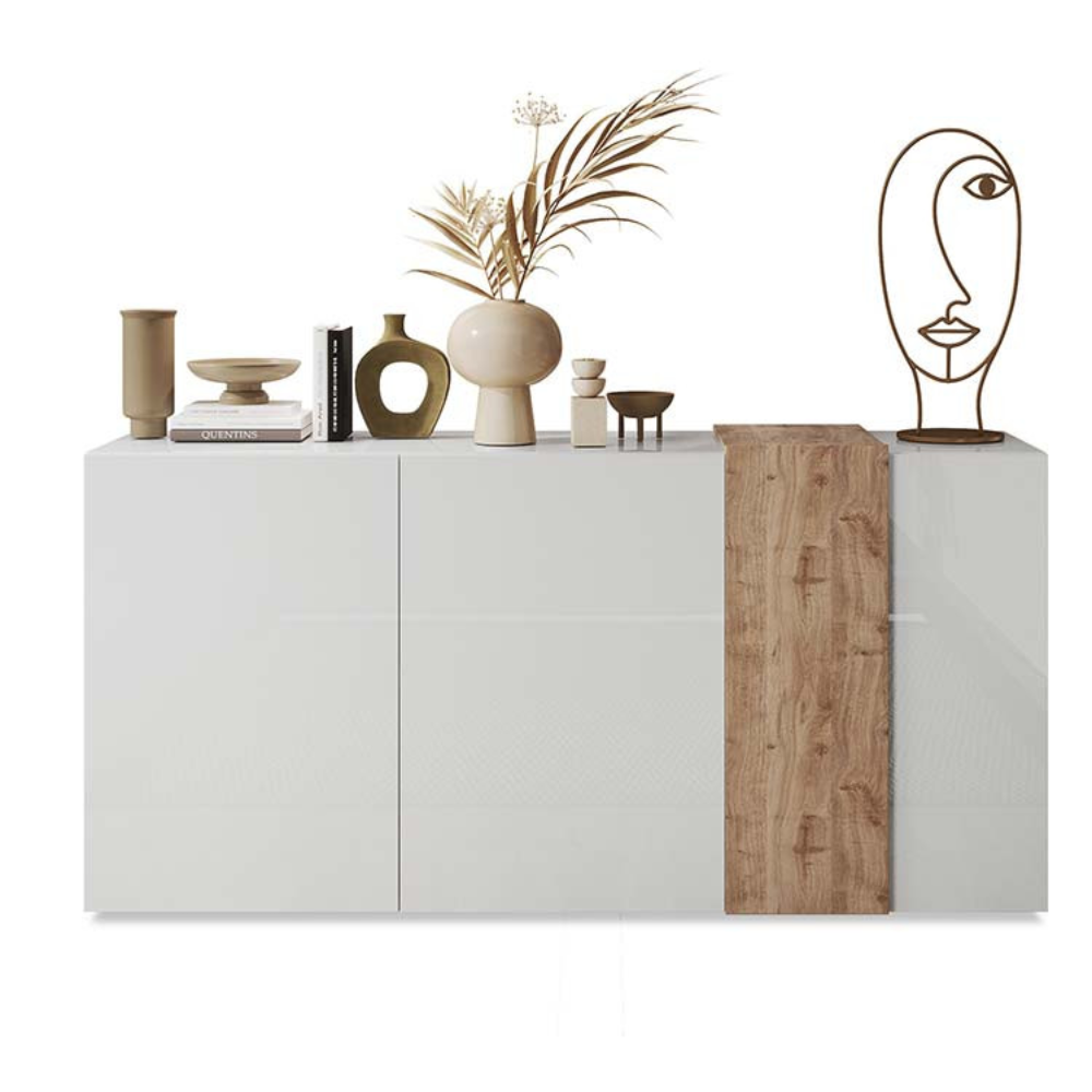 Madia con 3 ante e ripiani interni colore bianco lucido e rovere 181x86H cm - Sabry