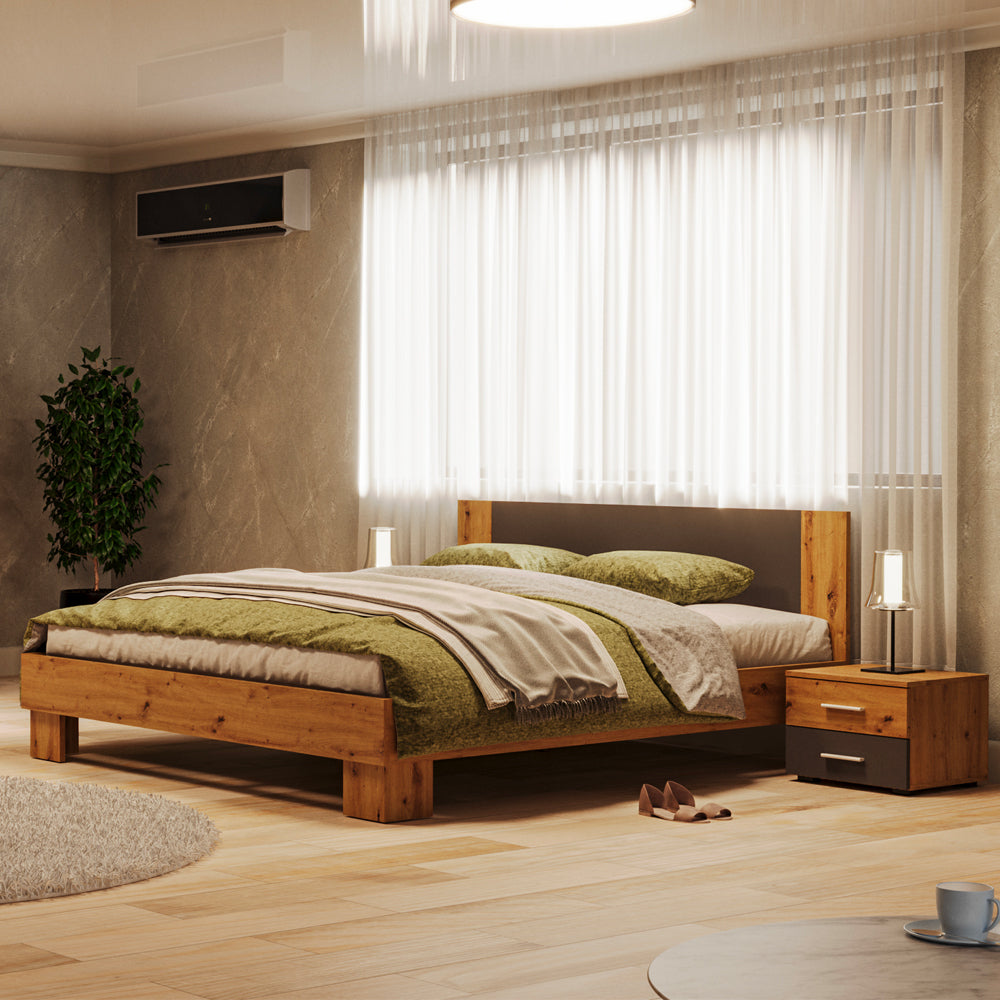 Letto matrimoniale 180x200 con comodini integrati antracite e rovere Meria