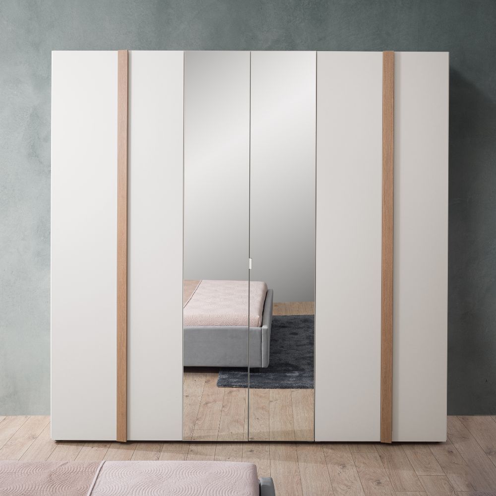 Camera da letto con armadio 6 ante specchiato e letto contenitore colore bianco e rovere Amor