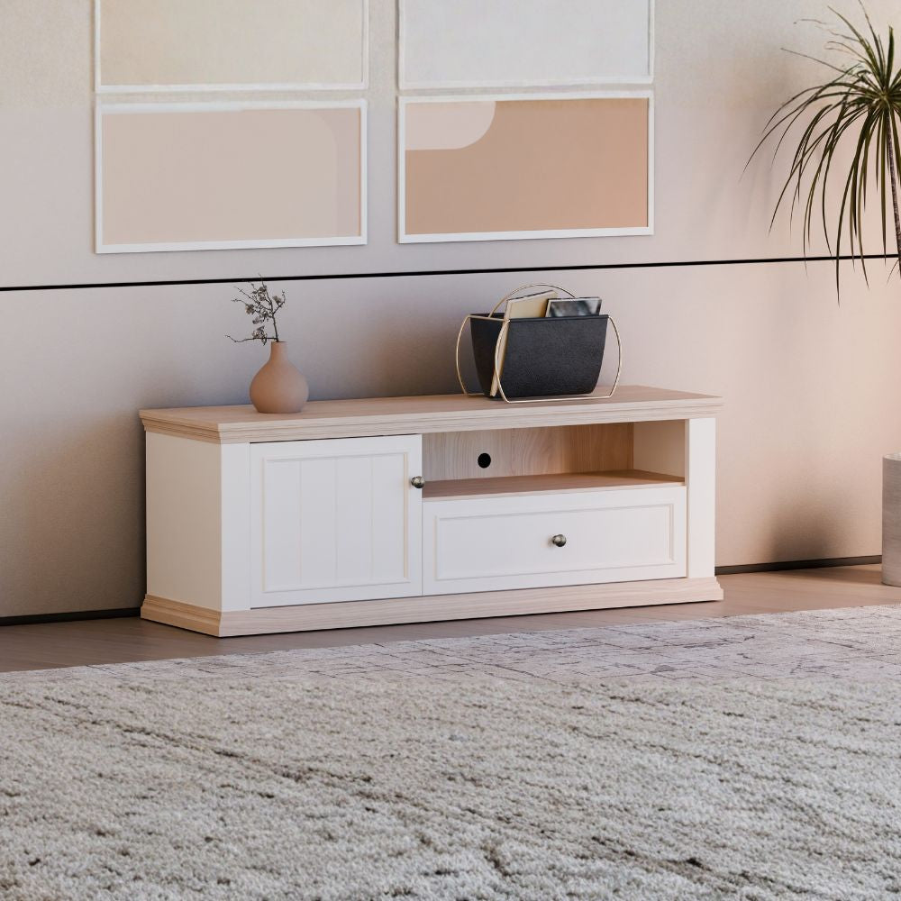 Porta Tv con anta, cassetto e vano a giorno 150 cm colore bianco e rovere Essenza