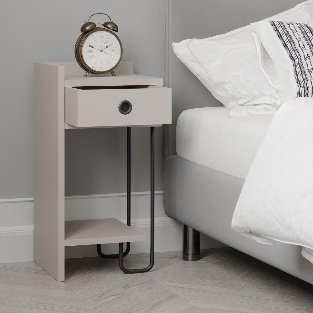 Comodino con cassetto e gamba in metallo nero sinistro colore tortora Sirius