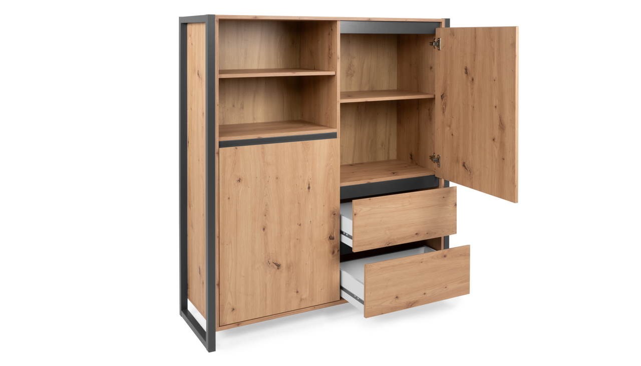 Credenza 120x140h cm con ante e cassetti colore quercia e antracite - Denver 51