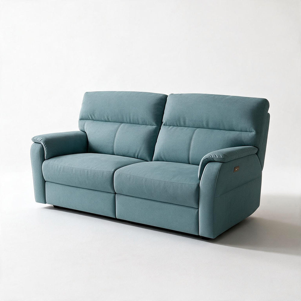 Divano relax 3 posti con 2 recliner elettrici in tessuto idrorepellente azzurro Alice