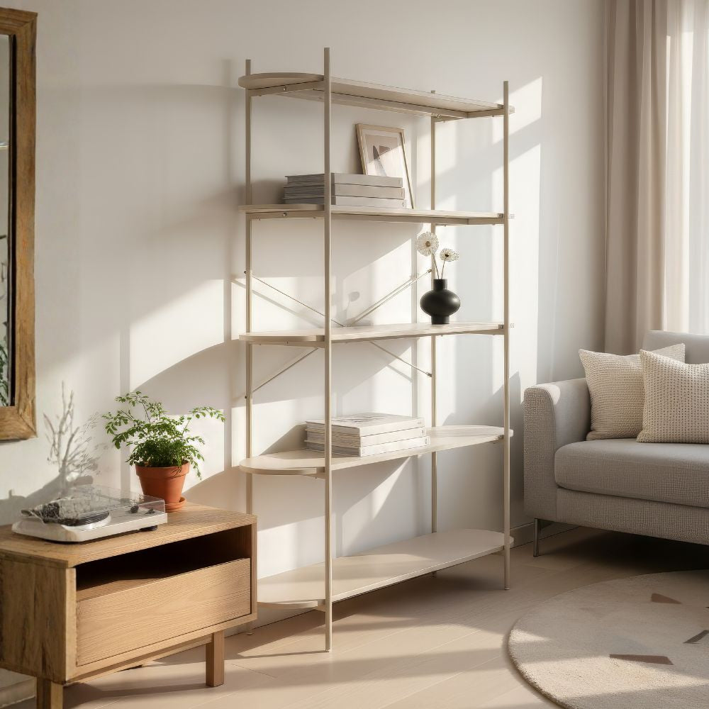 Libreria con 5 ripiani rovere e struttura in metallo beige Hanoi20B
