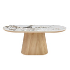 Tavolo ovale 200x100 con piano effetto marmo bianco arabesque e base rovere naturale Nordico
