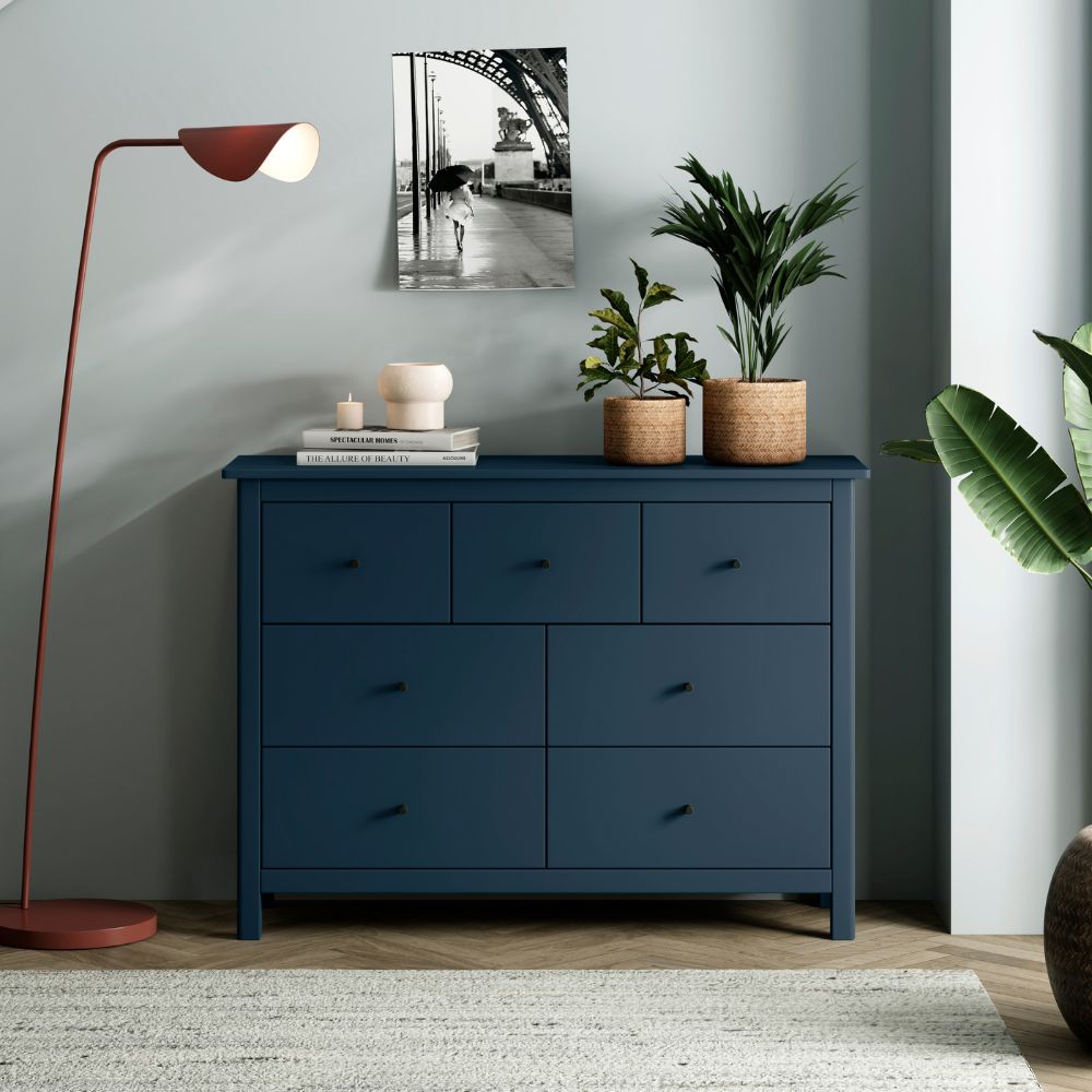 Cassettiera in legno massiccio con 7 cassetti colore blu 110x40x80H cm - Missy