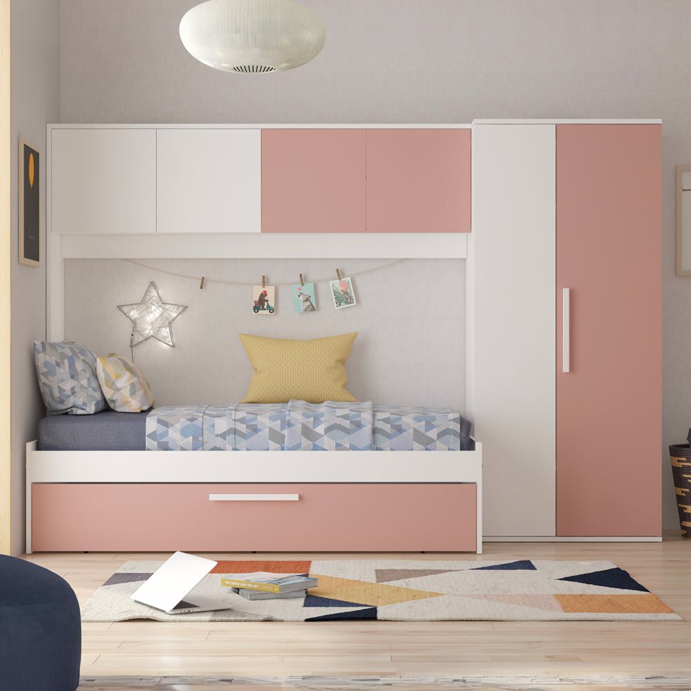 Brückenbett mit Ausziehbett in Weiß und Altrosa - Pinky