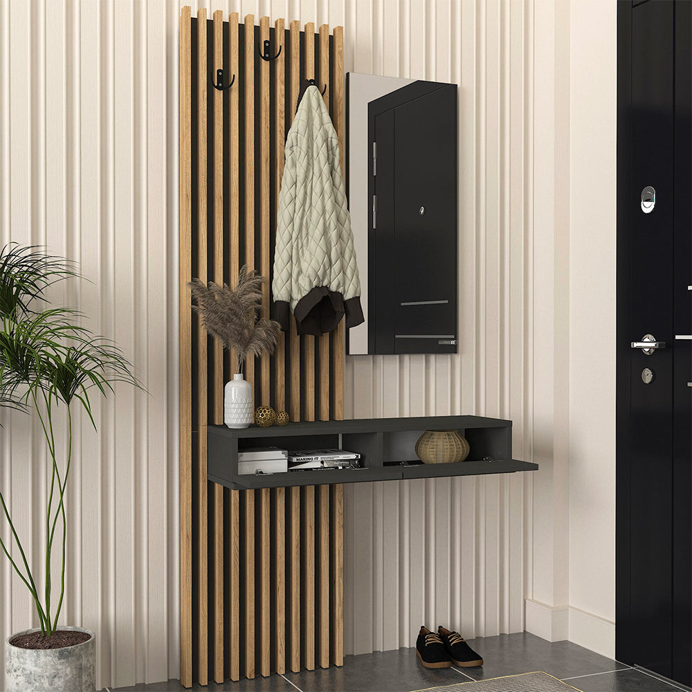 ENTRÉE ELOIS ANTHRACITE CHÊNE AVEC 3 PATTÈRES ET MIROIR