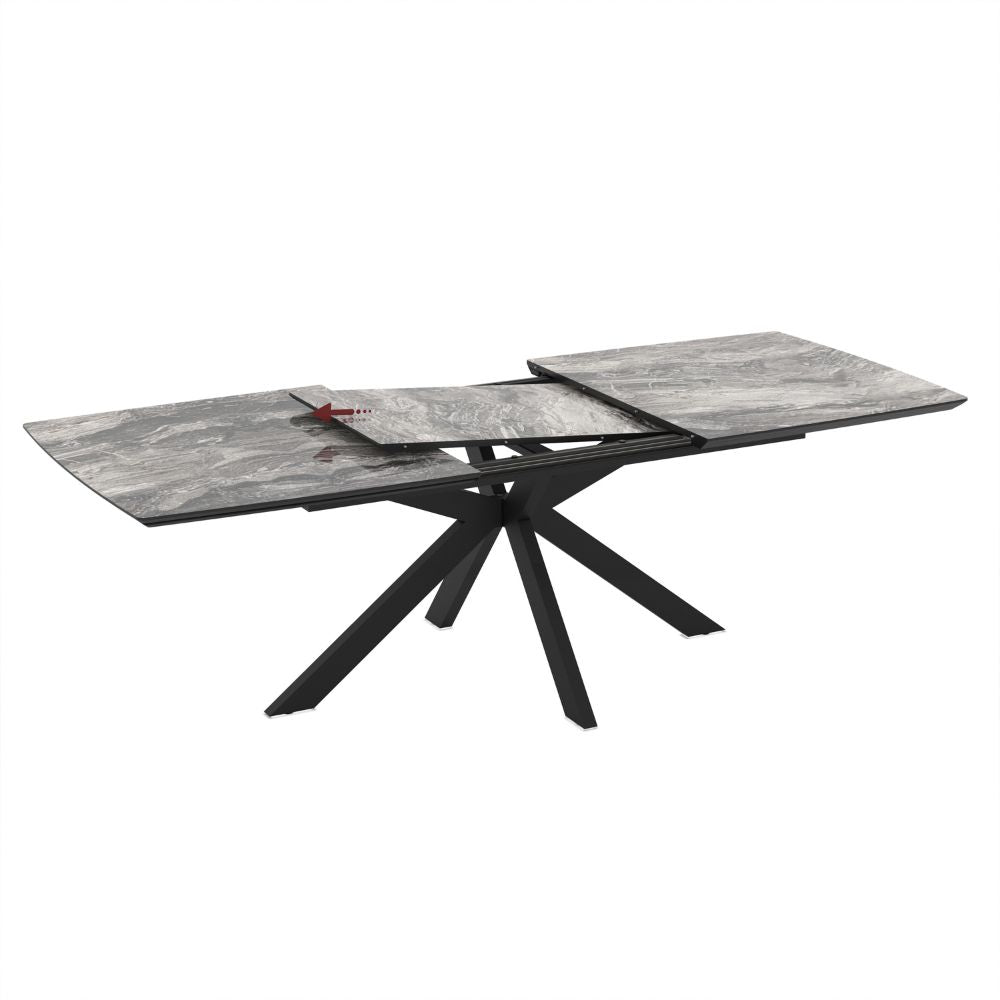 Ausziehbarer Tisch, Tischplatte mit schwarzer Arabesken-Marmoroptik und schwarzem Untergestell 180/240x100x76H Verano
