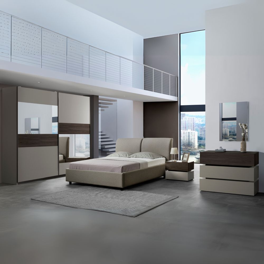 Camera da letto con armadio 2 ante scorrevoli specchi e letto contenitore colore tortora e noce - Kendra