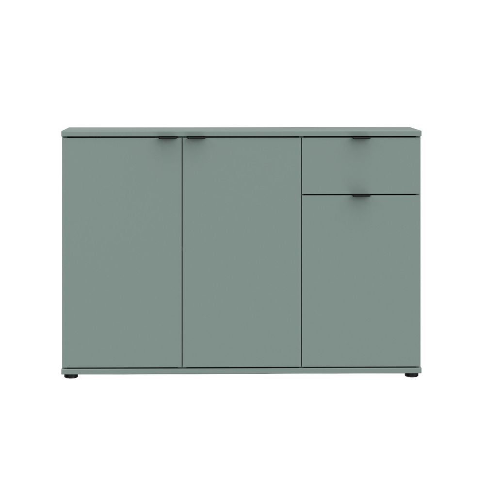 GNMK231L-U59 MEHRZWECK-ROLLCONTAINER SAGEGRÜN MIT DREI TÜREN + 1 SCHUBLADE B120CM