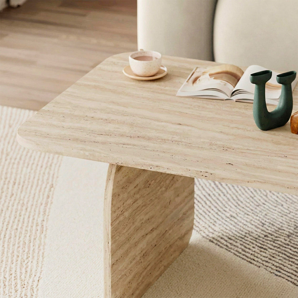 Tavolino da salotto 100x60 cm colore travertino con gambe a pannello e bordi arrotondati Pietra