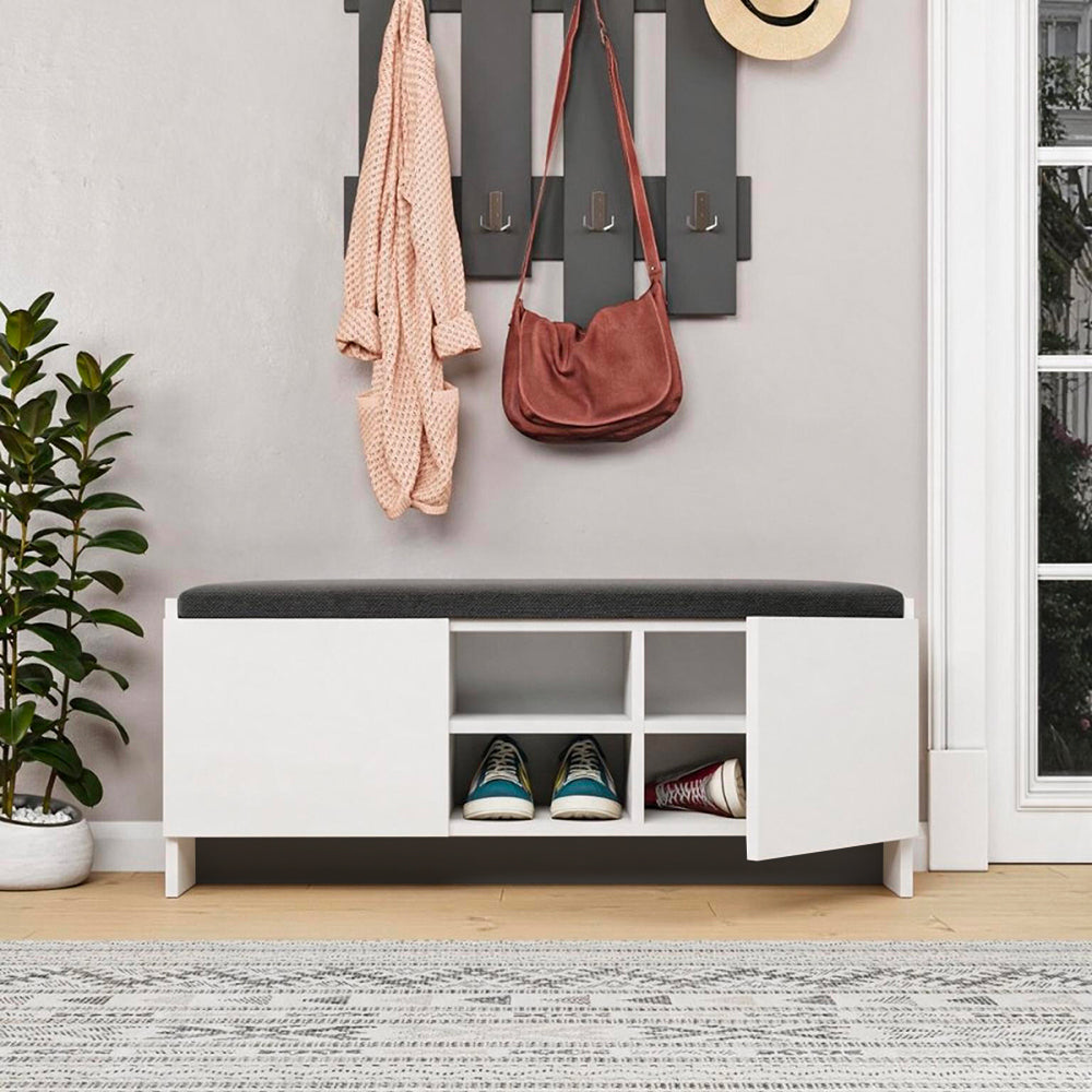 Banc à chaussures avec portes et coussin 110x40H cm coloris blanc - Zulla