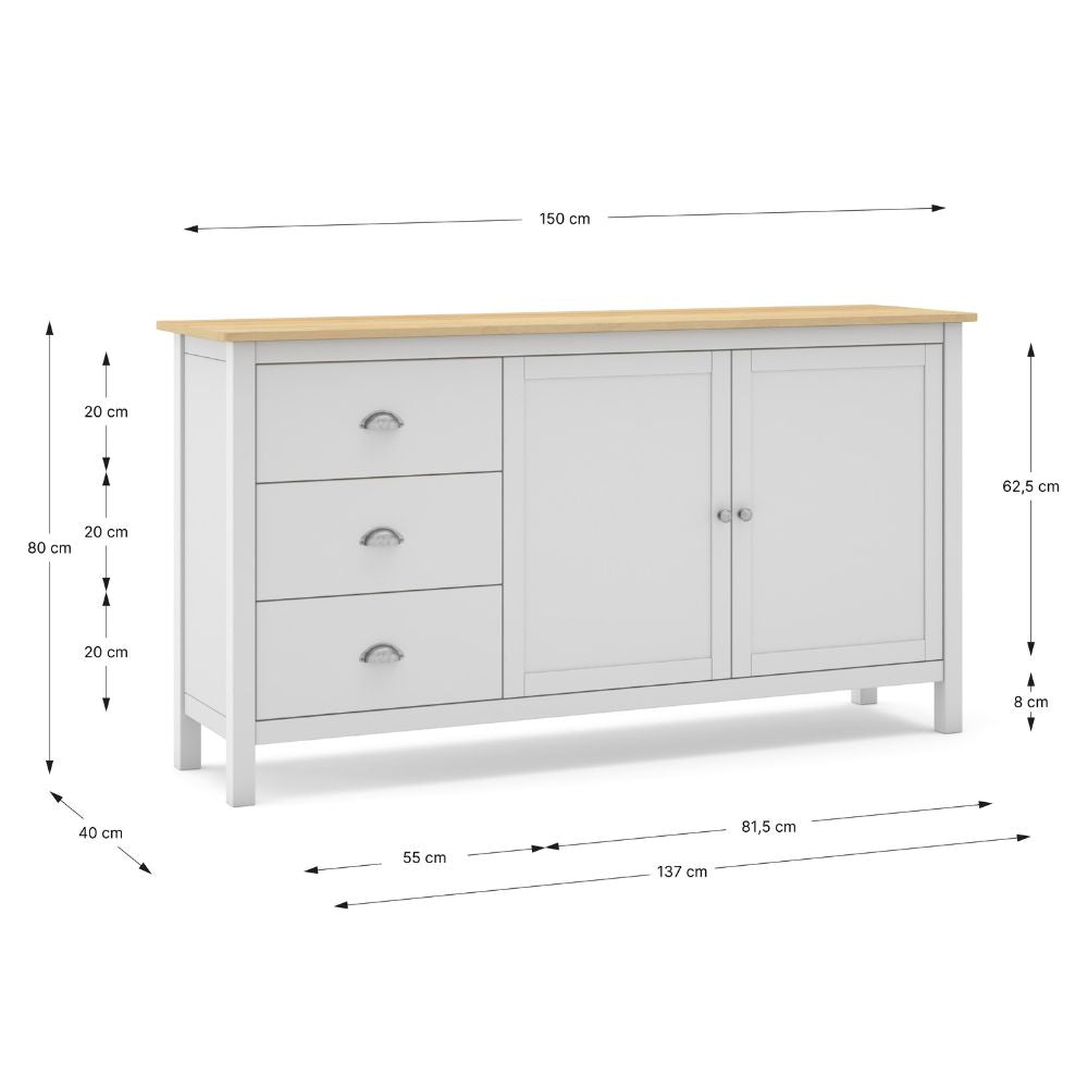 Buffet 2 portes et 3 tiroirs en bois massif coloris blanc et chêne Misti 150x40x80H