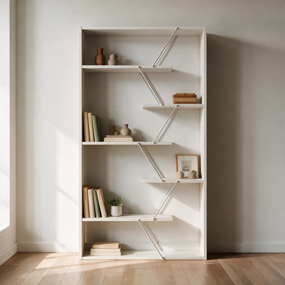 Bücherregal aus Holz, 84x157h cm mit Metallgestell und weißen Böden - Tars
