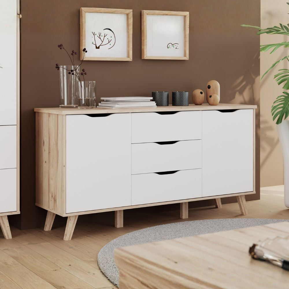 VNKK231-L25 SIDEBOARD AXIS EICHENSTRUKTUR MIT WEISSEN FRONTEN ZWEI TÜREN UND DREI SCHUBLADEN