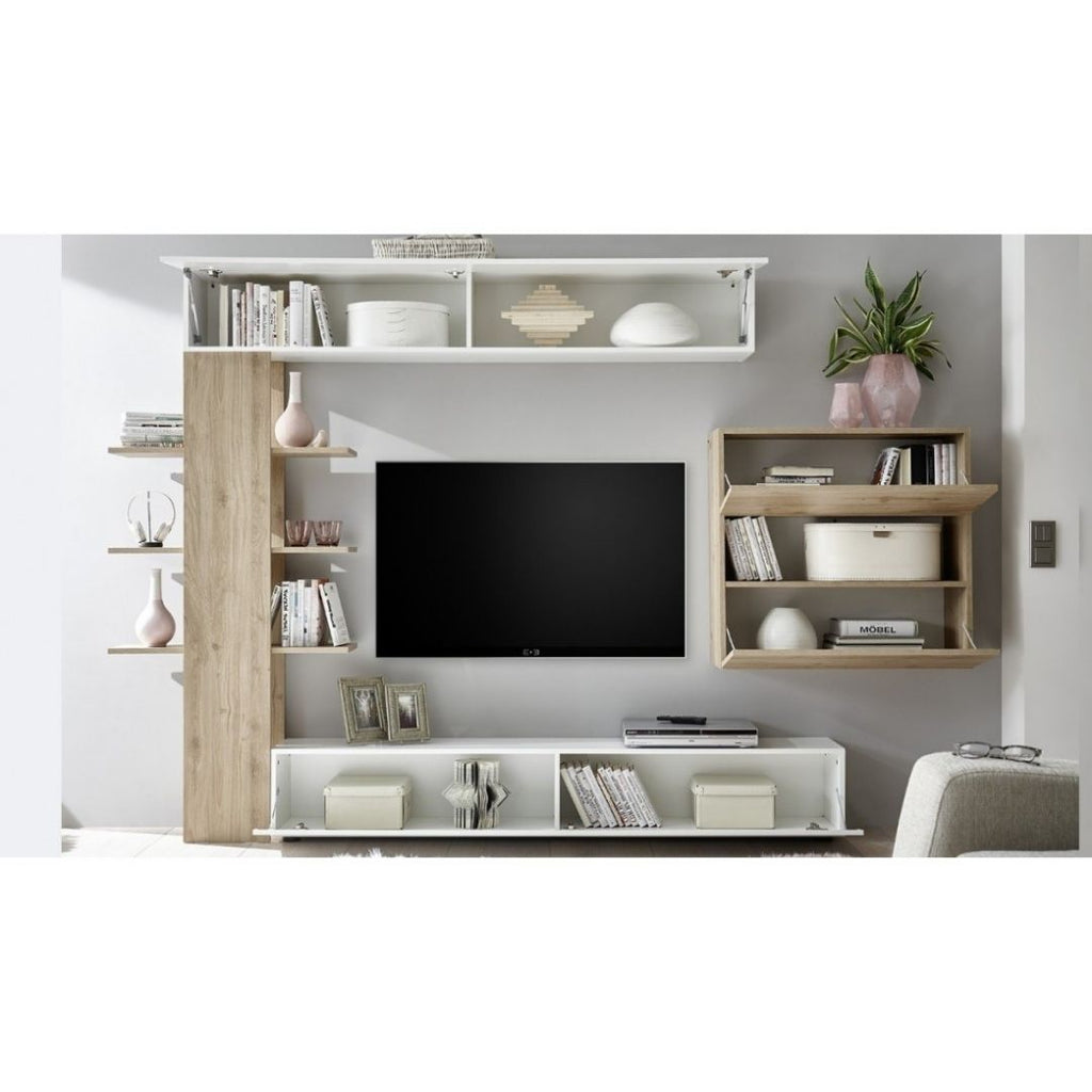 Wohnwand 295 cm mit Bücherregal in Weiß und Eiche - Astrakat