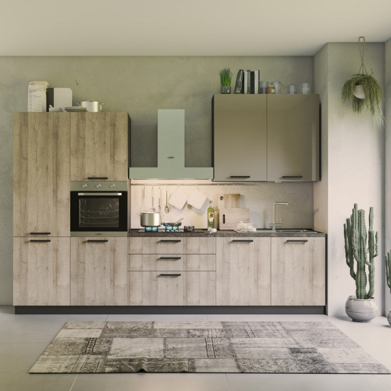 Komplettküche 330 cm links in Eiche Rustikal und Tortora Hochglanz – Durazzo Glam