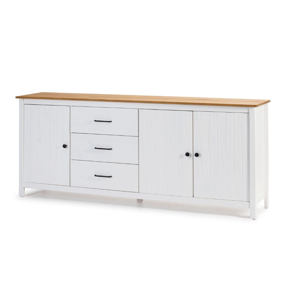 Buffet en bois massif avec 3 portes et 3 tiroirs coloris blanc et pin 191x40x80H cm - Vanda