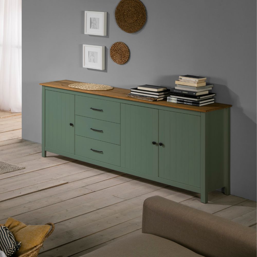 Credenza in legno massiccio con 3 ante e 3 cassetti colore verde e pino 191x40x80H cm - Vanda