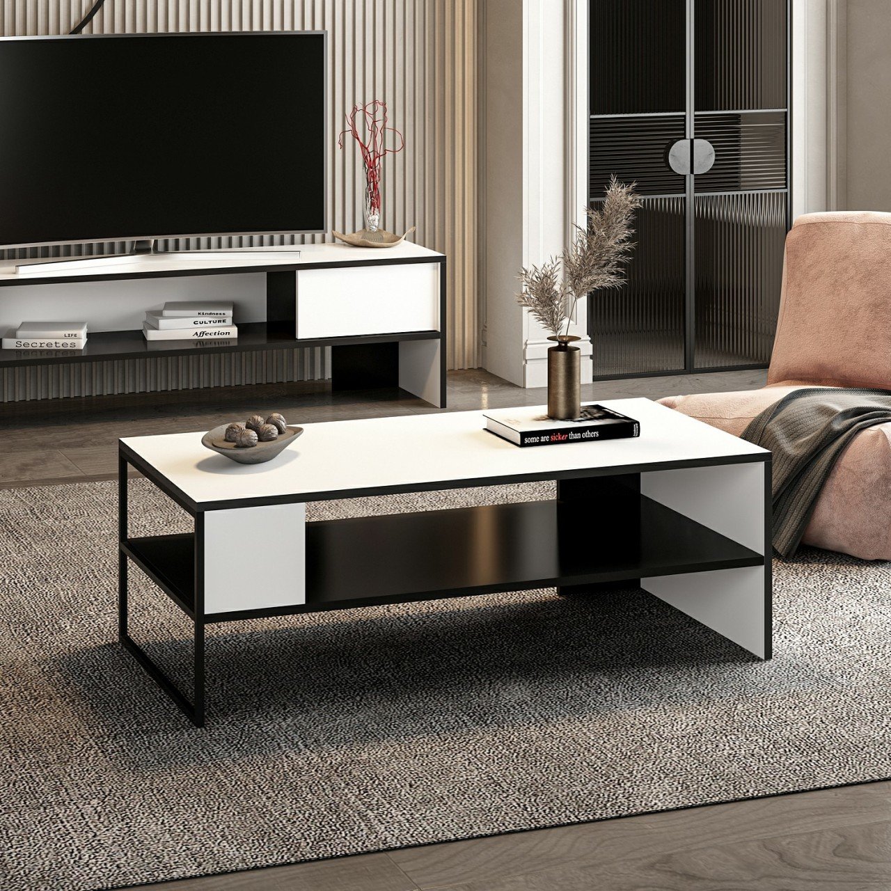 Tavolino da salotto 120x60cm rettangolare colore bianco e nero - Concord