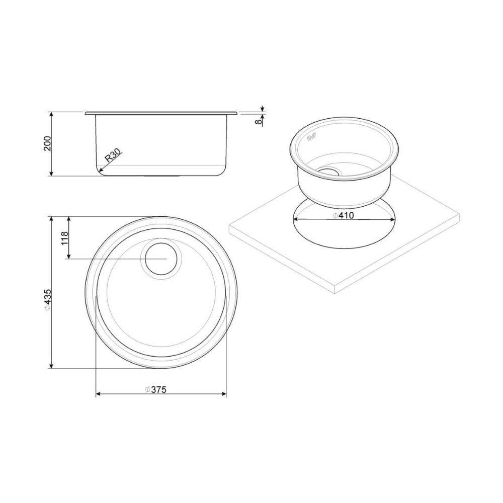 Lavello incasso monovasca rotondo acciaio nero  43.7x43.7 - Smeg 10I3PN