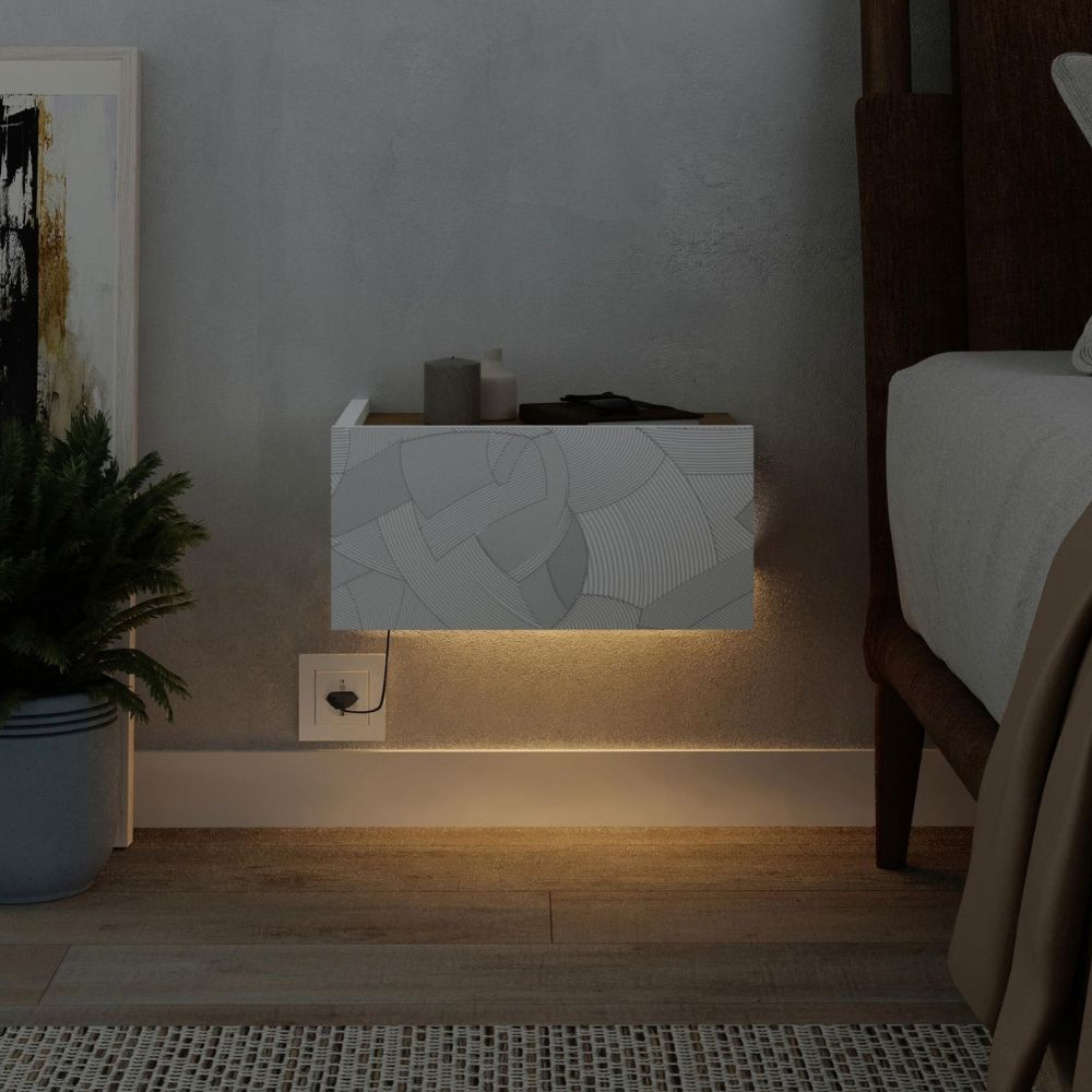 Comodino sospeso con cassetto e luci integrate 40 cm bianco e cashmere Onda