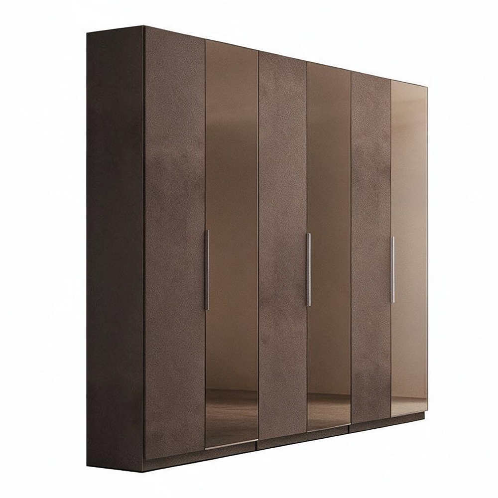 Kleiderschrank 275 cm mit 6 bronzefarbenen Drehtüren mit bronzierten Spiegeln