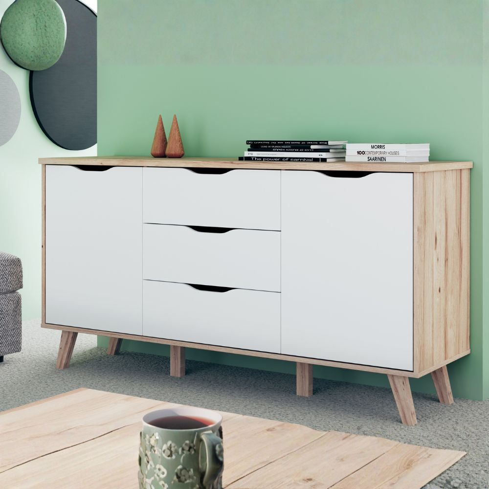 VNKK231-L25 SIDEBOARD AXIS EICHENSTRUKTUR MIT WEISSEN FRONTEN ZWEI TÜREN UND DREI SCHUBLADEN