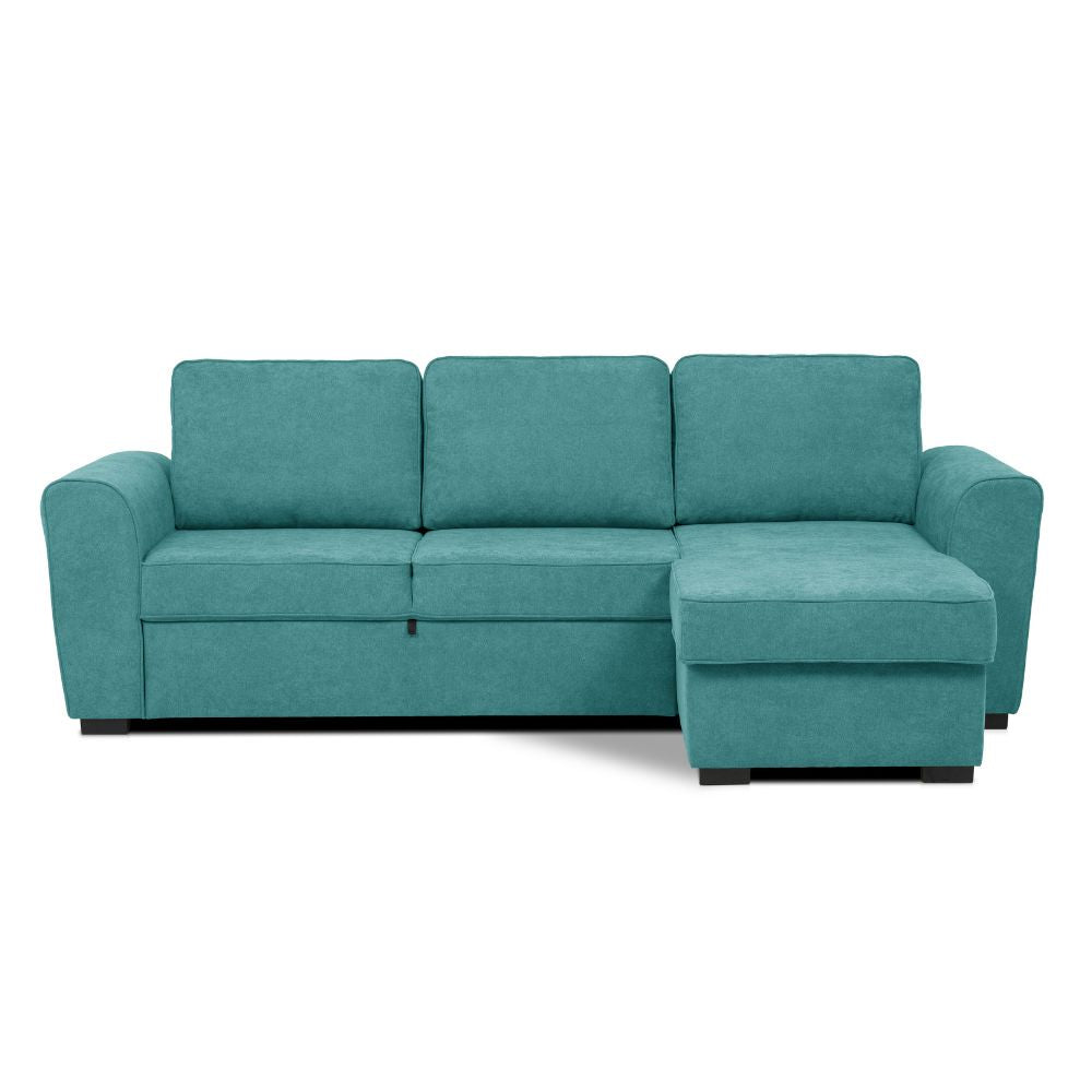 Divano letto penisola Reversibile Aston con contenitore in tessuto turchese 251.5x159.5x86H