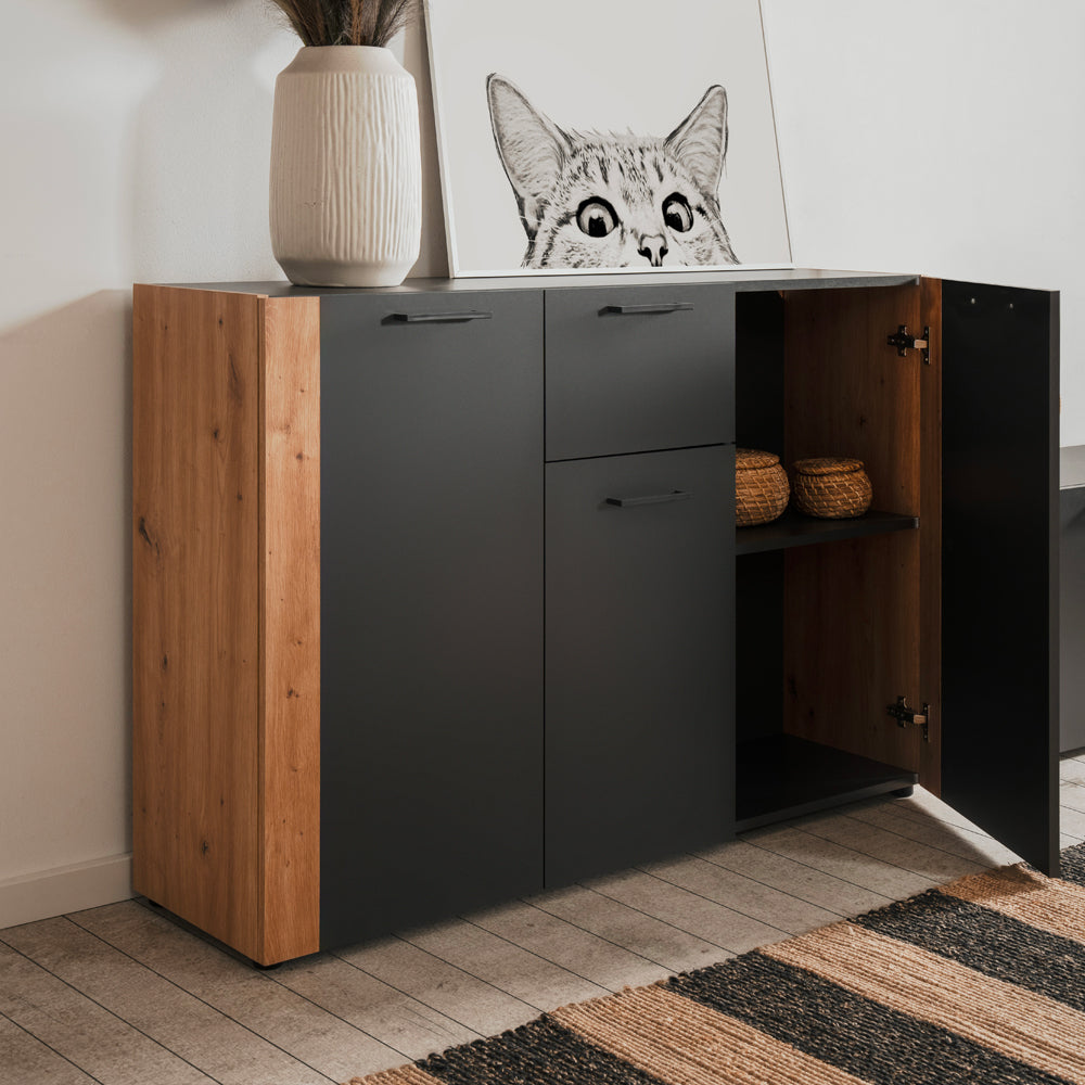 Madia 3 ante e 1 cassetto colore antracite con laterali in rovere artisan Cento01B