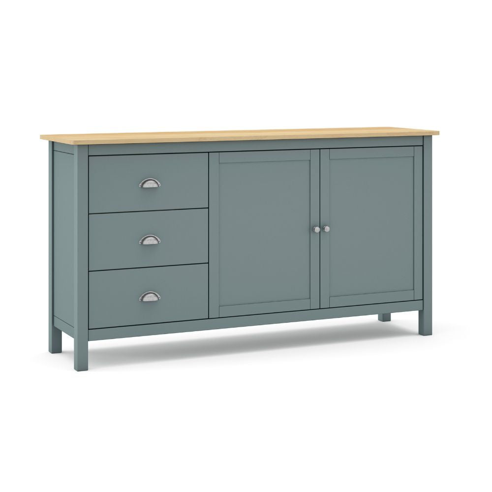 Anrichte mit 2 Türen und 3 Schubladen aus Massivholz, Khakigrün und Eiche Misti 150x40x80H