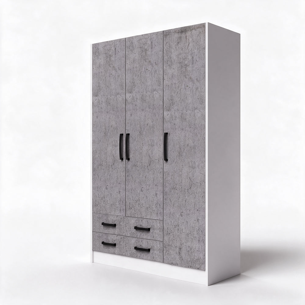 Kleiderschrank mit drei Türen und zwei Schubladen in Zementoptik 135x210H cm