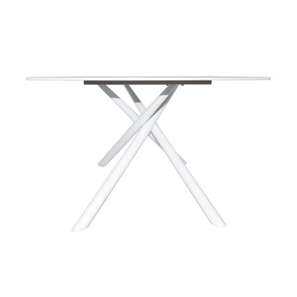 Tavolo fisso con piano effetto marmo travertino e struttura in metallo bianco stile Shangai 180x90 Corveo