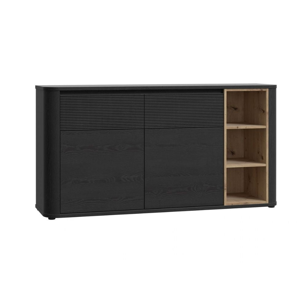 Madia 2 ante 2 cassetti con vani a giorno 160 cm nero e dettaglio rovere Origin Core