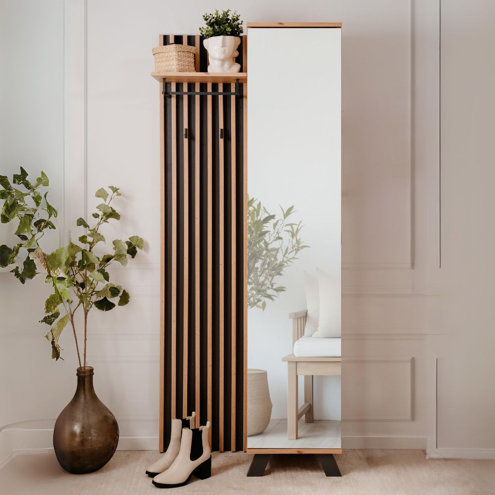 Mobile ingresso con frontale cannettato e anta a tutto specchio colore quercia e antracite 80x190H cm - Medan4