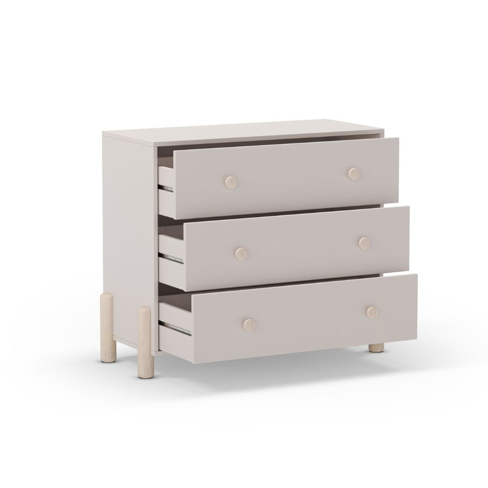Cassettiera in legno massiccio con 3 cassetti beige e gambe in pino naturale 90x40x80H Enola