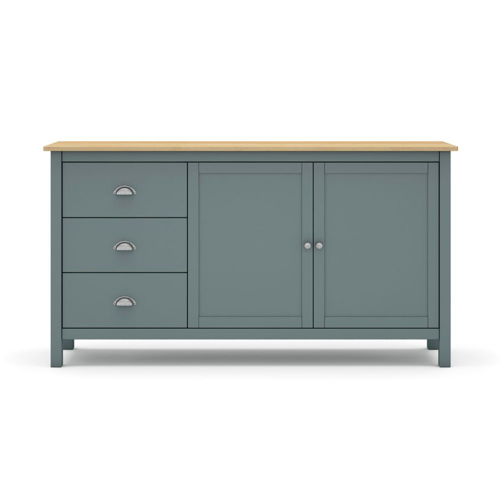 Anrichte mit 2 Türen und 3 Schubladen aus Massivholz, Khakigrün und Eiche Misti 150x40x80H